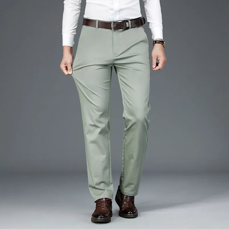 Men's high waist loose business casual trousers in khaki, straight leg, polyester, sizes 28-42
