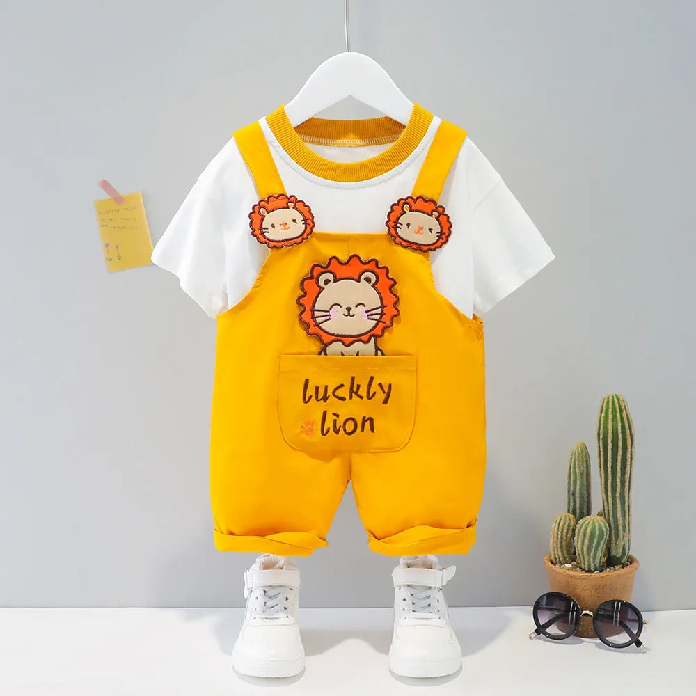 Children's cotton summer overalls with cartoon print in yellow colour showing short sleeves and straps