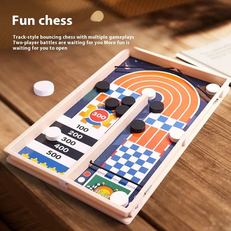 Wooden double battle catapult desktop board game with two-player pieces, shown as a tabletop parent-child puzzle toy.