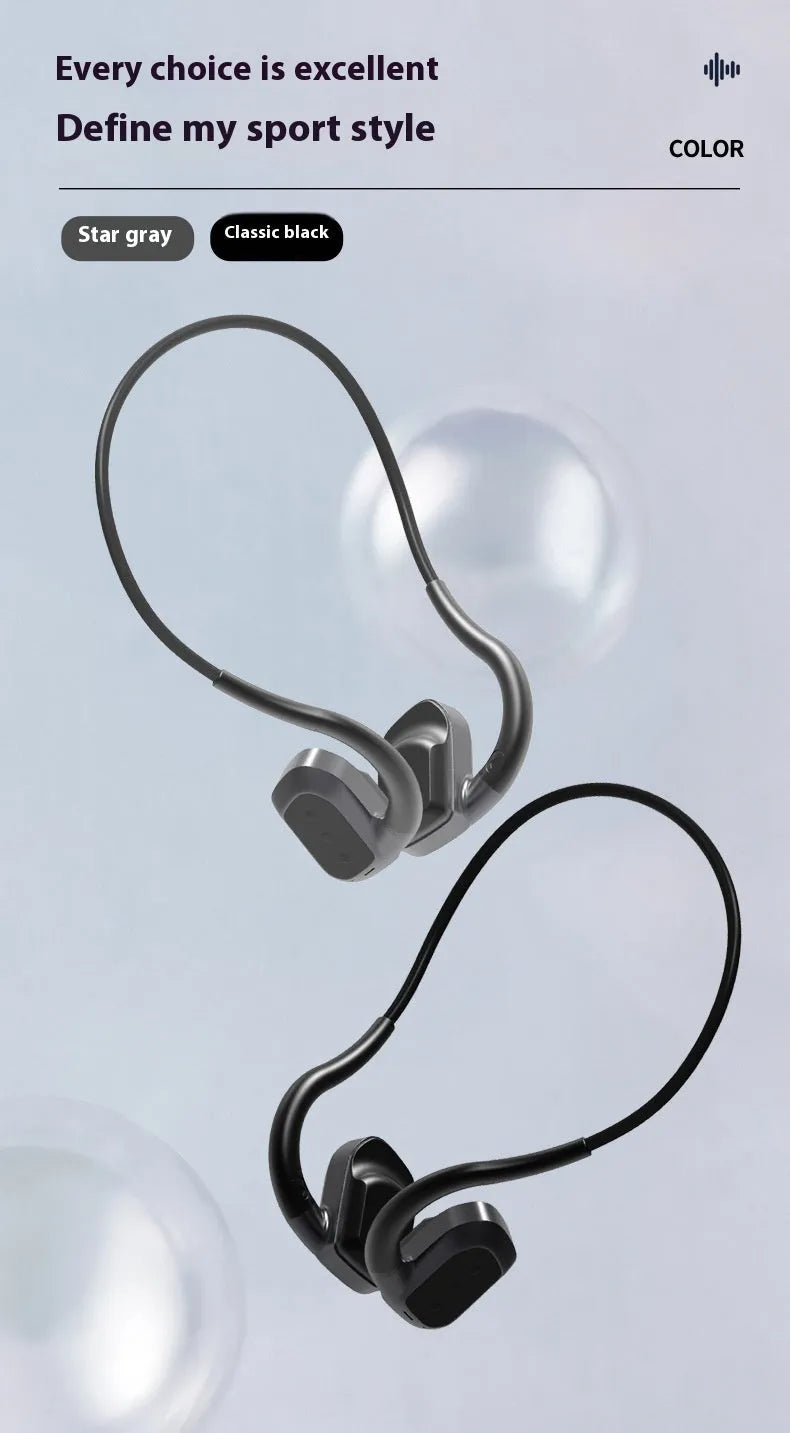 Bone conduction swimming Bluetooth headset in black or gray, ear-mounted plastic design, waterproof wireless audio