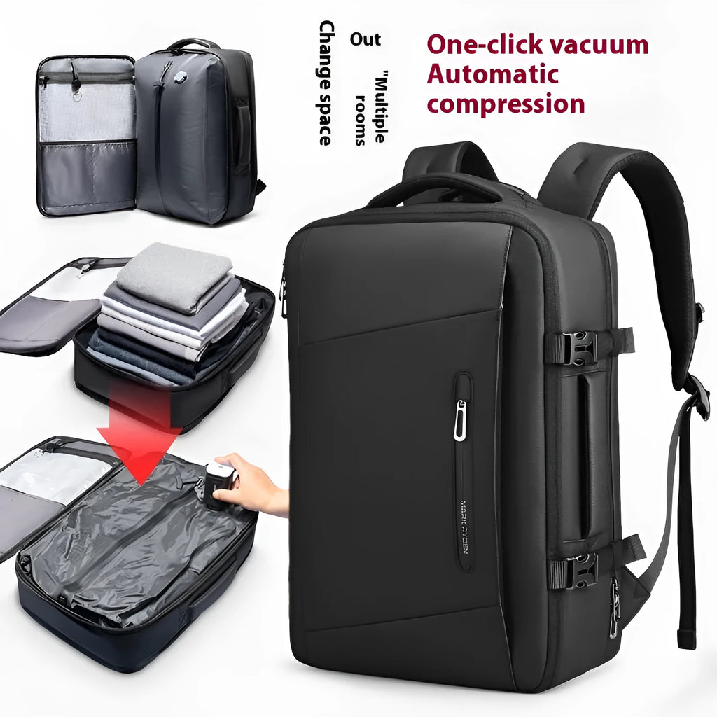 Elegant black vacuum compression backpack with Oxford cloth, USB port, and aircleaner straps for travel