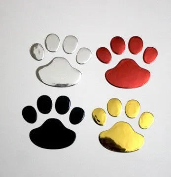 Hand-shaped brush car sticker with dog footprints design in red, silver, gold or black colour, 7 cm long.