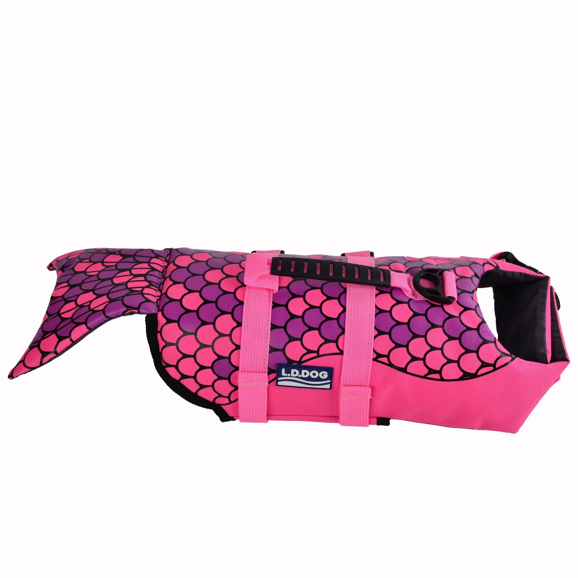 New pet life jacket dog outdoor swimming suit in Oxford cloth and cotton, shark style, pink colour, on a dog near water