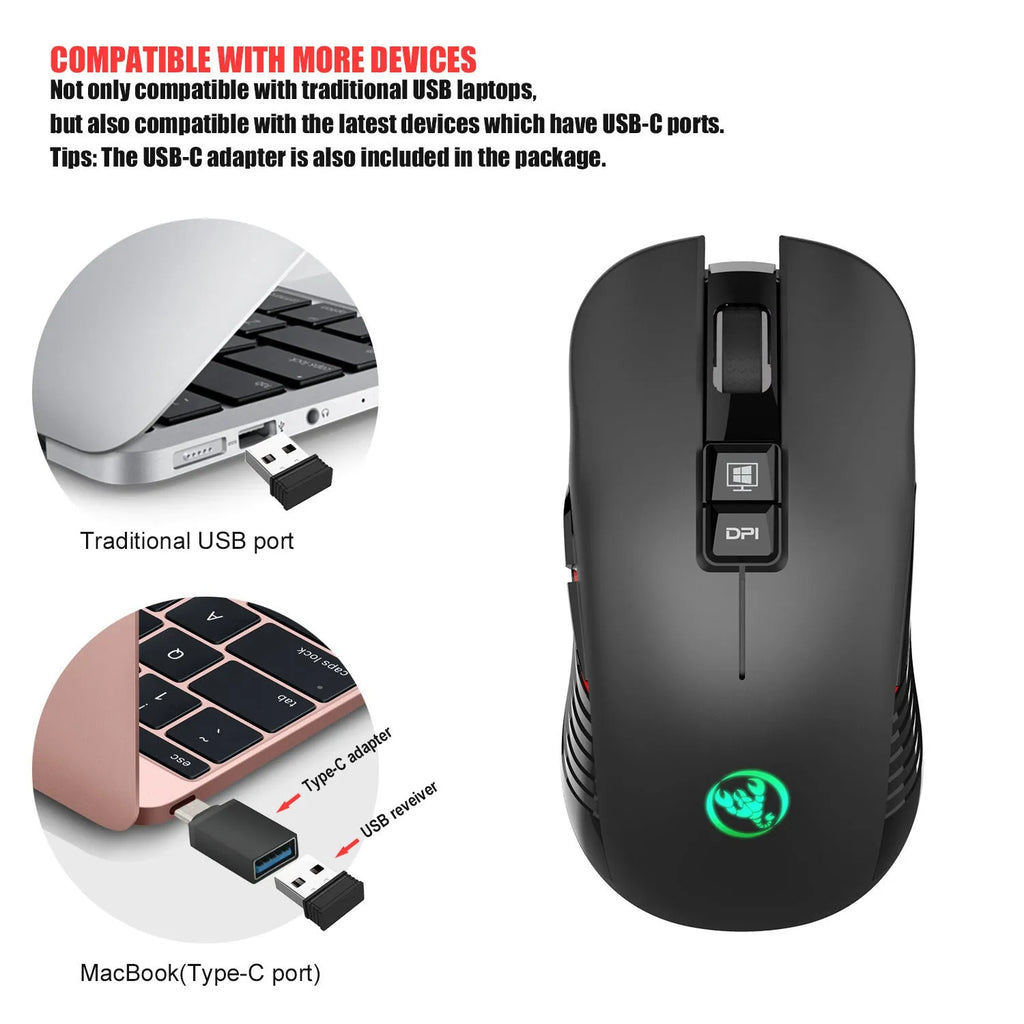 Black ergonomic wireless gaming mouse with multi-colour breathing LED lights on a desk.