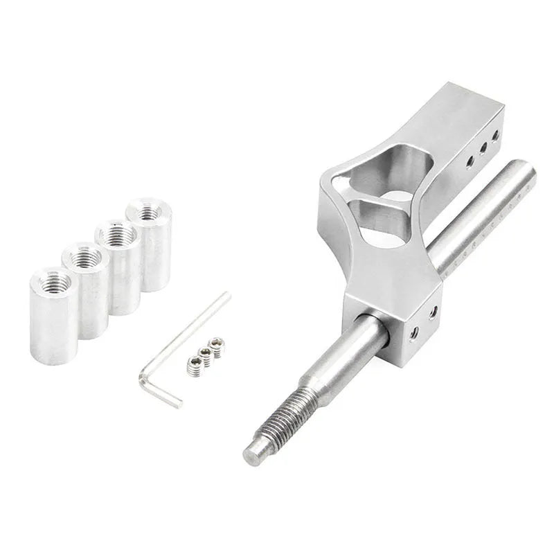 Adjustable gear lever car modification accessory in aluminium alloy and stainless steel on a dark background