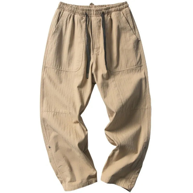 Men's loose straight patchwork casual pants in Khaki colour, wrinkle-free twill fabric with drawstring closure