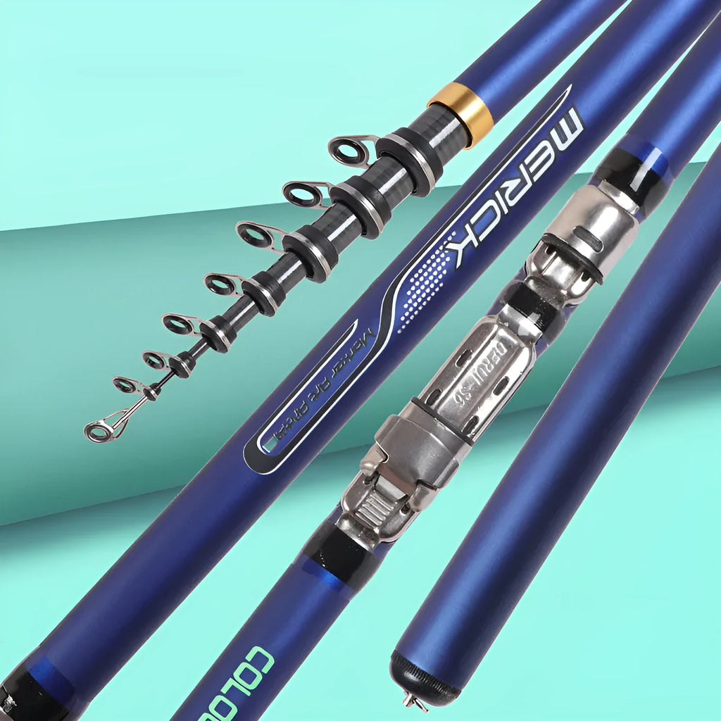 Blue carbon rock fishing rod telescopic design on rocky shore for sea fishing