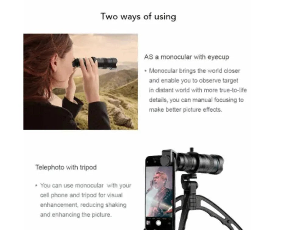 High power portable outdoor glasses with 36x optical zoom monocular and miniature tripod in black