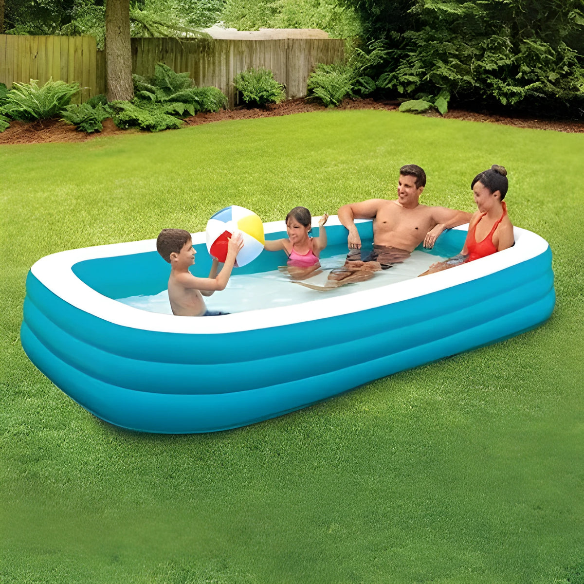 Blue and white rectangular inflatable PVC swimming pool 150cm by 110cm by 50cm for outdoor garden use