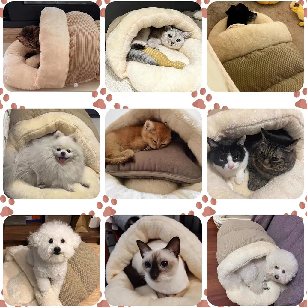 Plush slipper-shaped cat cave bed with corduroy exterior and Arctic velvet lining