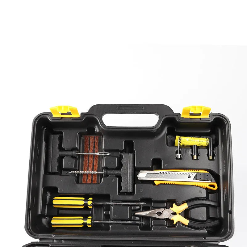 Multifunctional 12V electric car tire repair kit tool box with air compressor and inflation nozzles for tires and inflatables