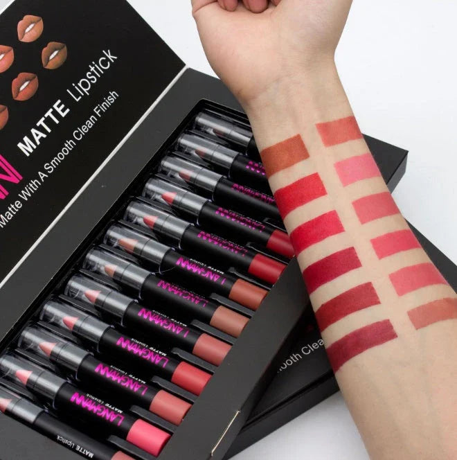 Velvety matte lipstick collection in various shades, offering long-lasting, vibrant color and nourishing comfort.