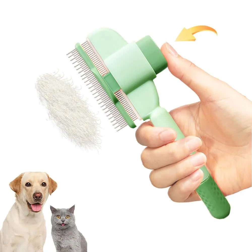 Green self-cleaning pet comb with release button and stainless steel teeth for dog and cat grooming