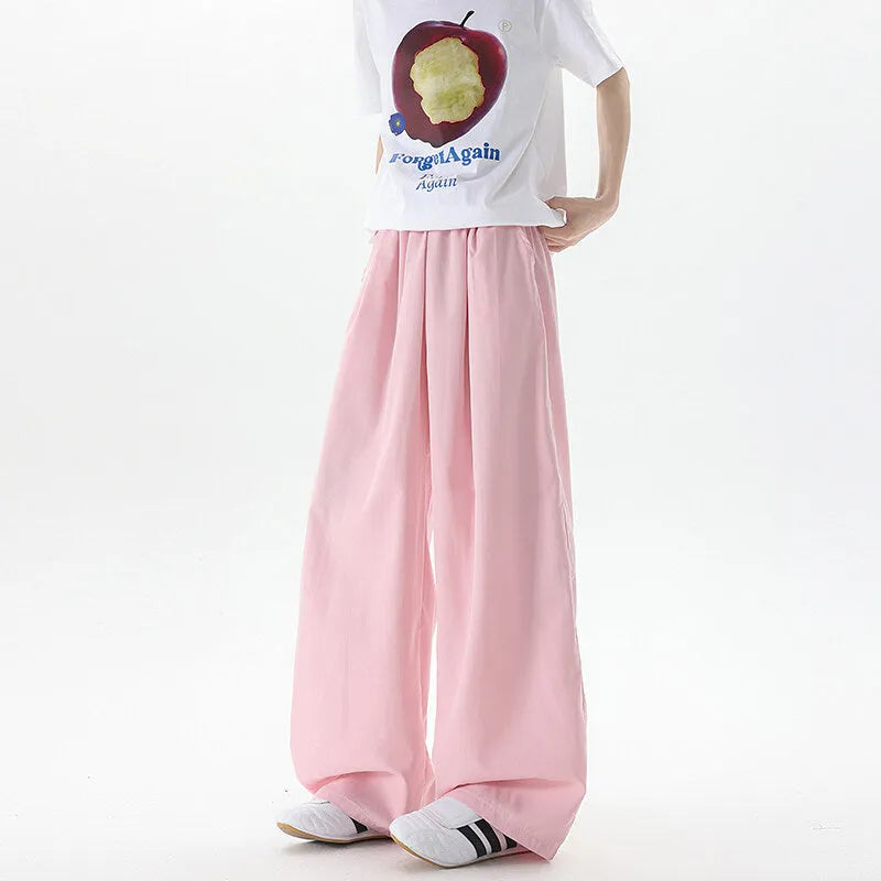 Men's high-waist wide-leg casual trousers in thin polyester blend, long mopping style, available in nine colours