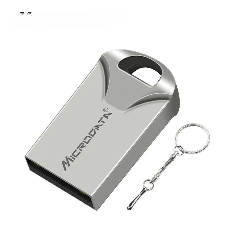 Silver car-shaped metal USB flash drive on a necklace chain, shown next to a black version.