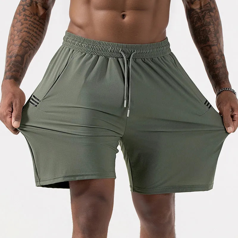 Men's black Ice Silk nylon quick-dry sports shorts with a high waist drawstring and cropped leg.