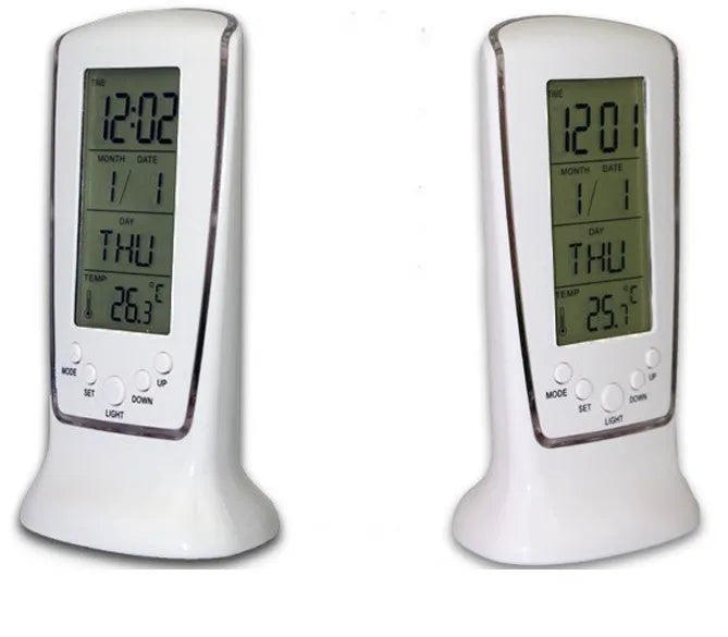 Multi-function LED digital clock with rectangular plastic body, blue backlight, and LCD showing time and temperature