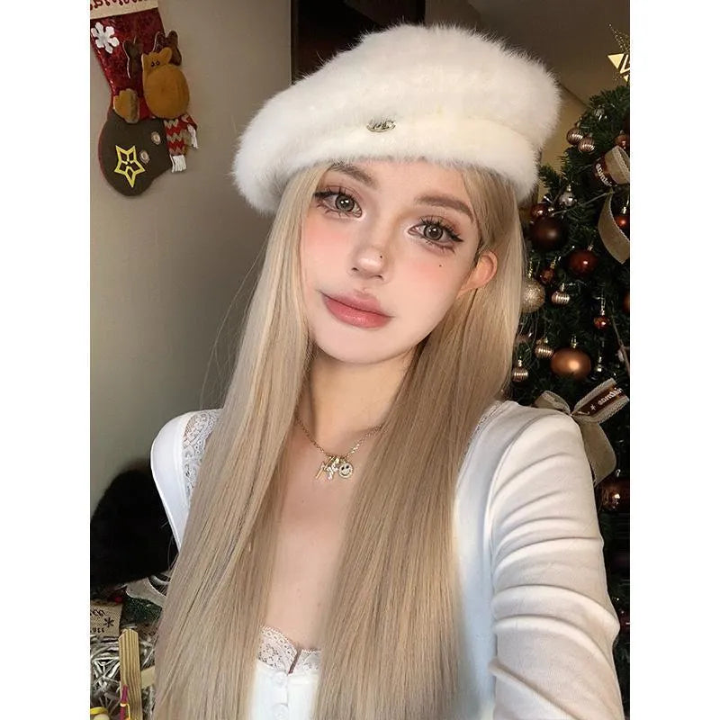 Women's long straight milk tea blonde grey gold synthetic wig with hairnet.
