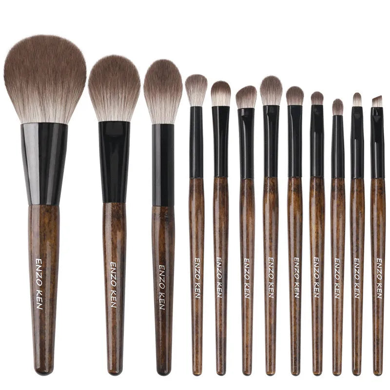 12-piece makeup brush set with wooden handles in a PU storage bag