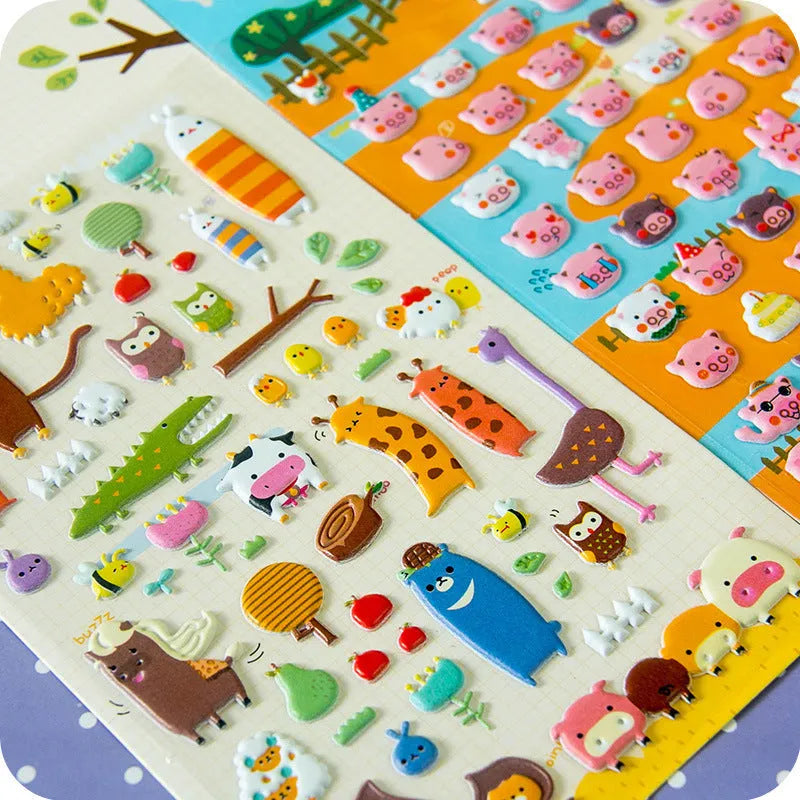 Cartoon 3D bubble stickers showing raised alpaca, dinosaur, cat and smiley face designs for hand account decoration
