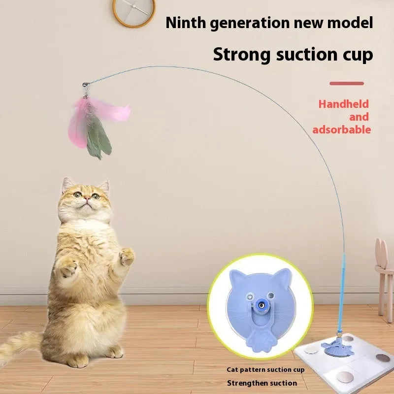 Cat teaser wand with suction cup base, long handle, bell attachment, and feather lure in various colour options