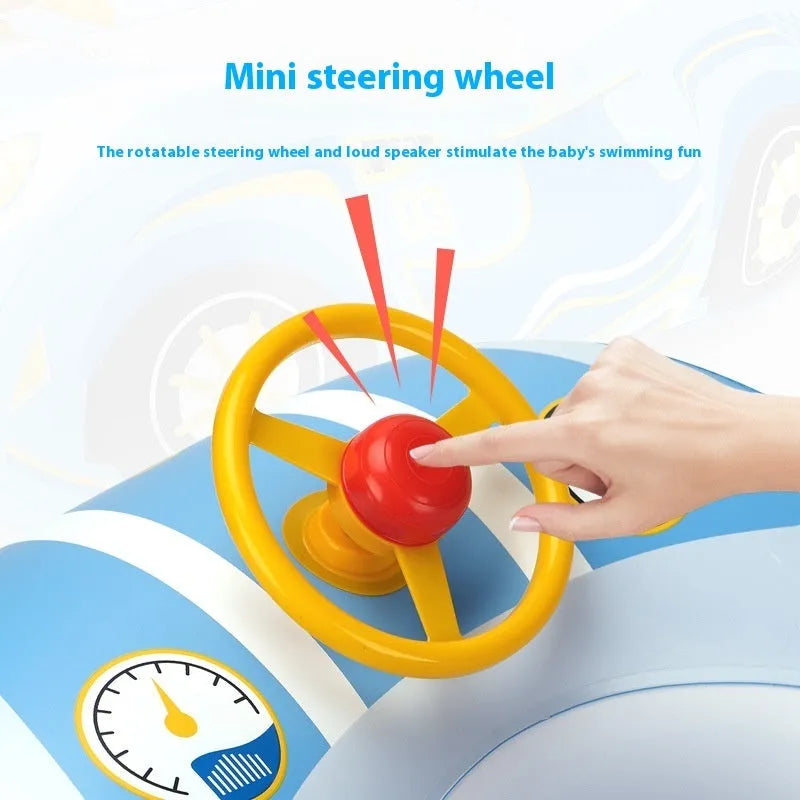 Pink children's inflatable swimming ring with mini steering wheel and sports car boat cartoon design