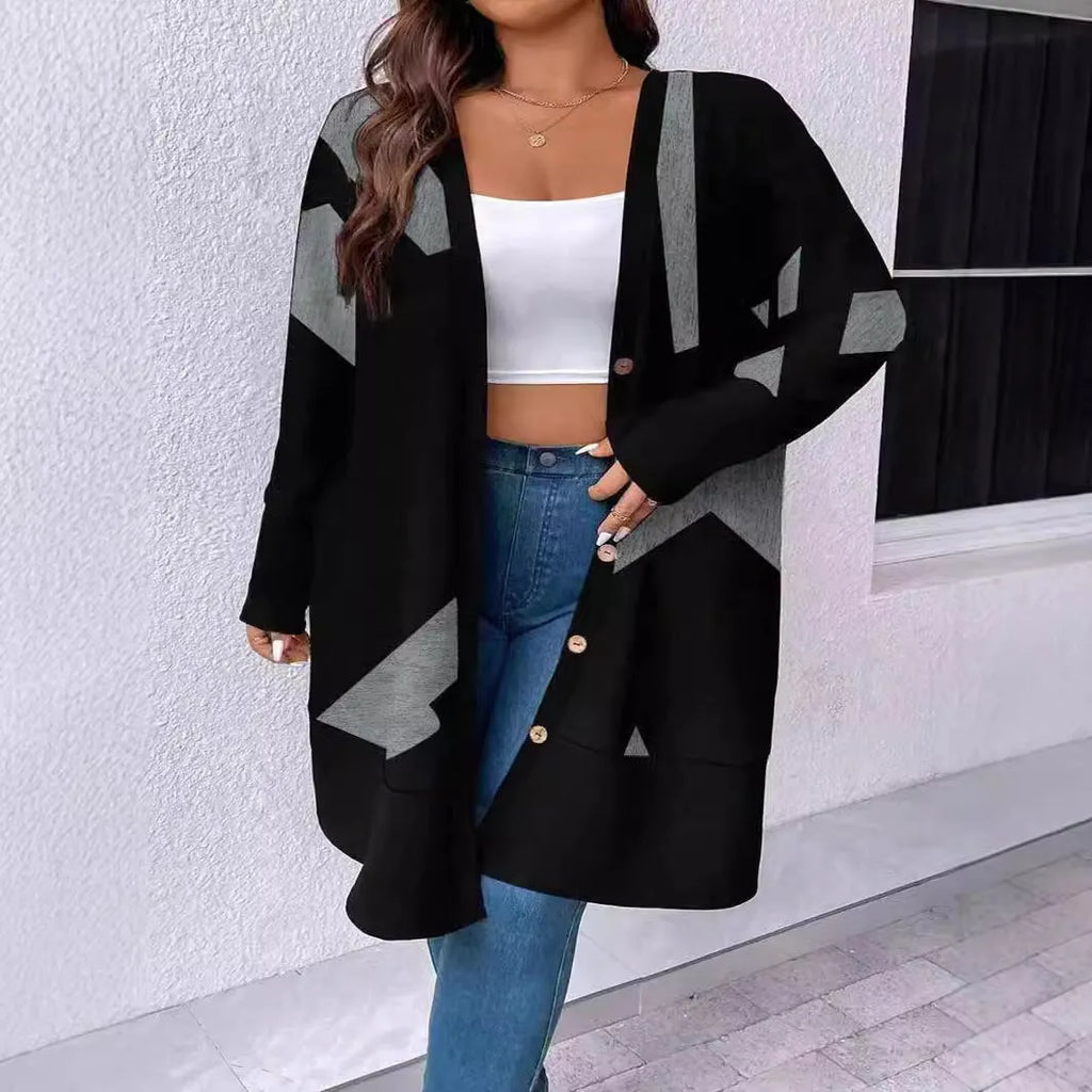 Black plus size casual coat cardigan with button stitching and print design, loose fit with regular sleeves