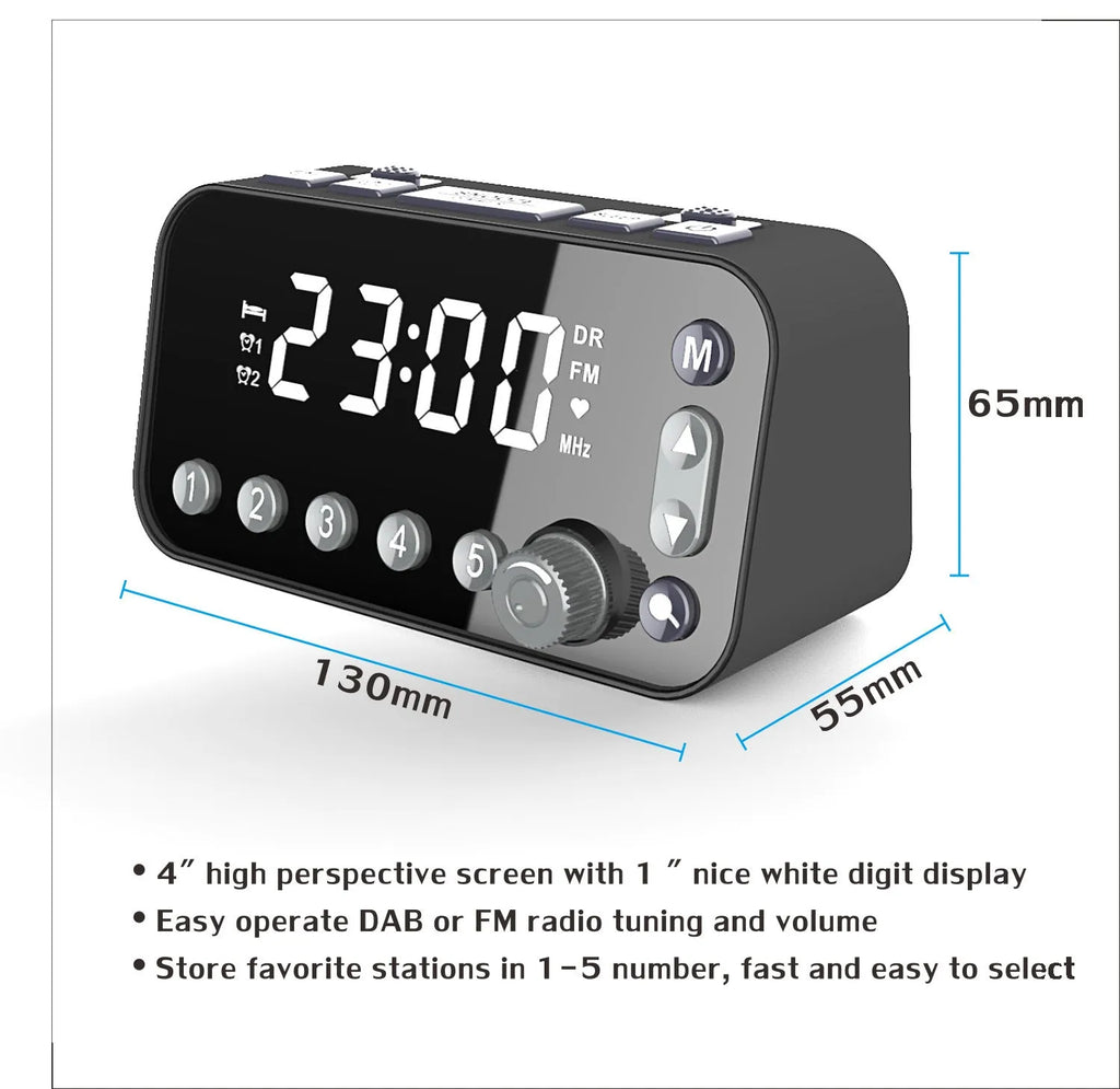 Black DAB+ bedside alarm clock with large LED display, upgrade pig tail antenna, and two USB charging ports.