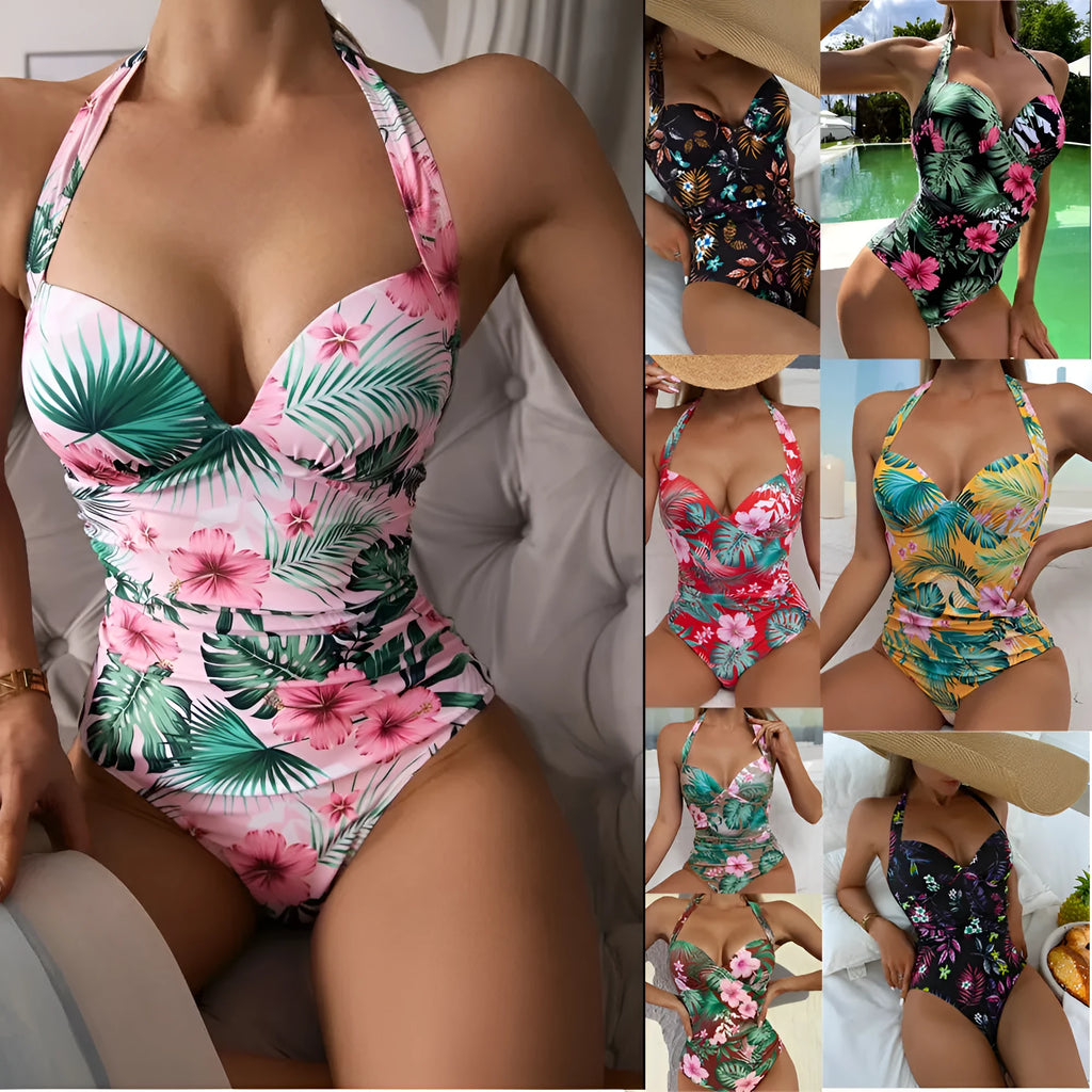 Brown printed halter neck one-piece swimsuit with a backless design on a mannequin.