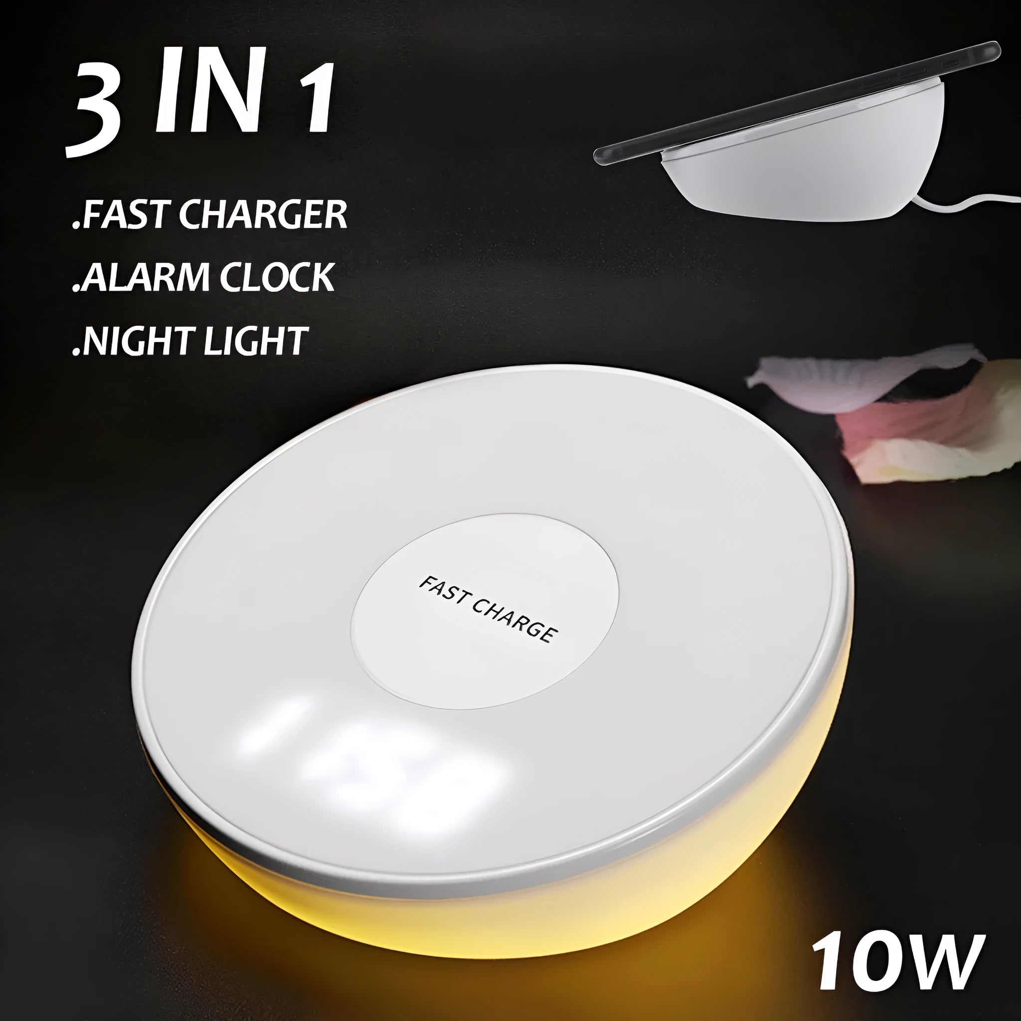 White wireless charger with clock display and three control buttons for mobile phone charging