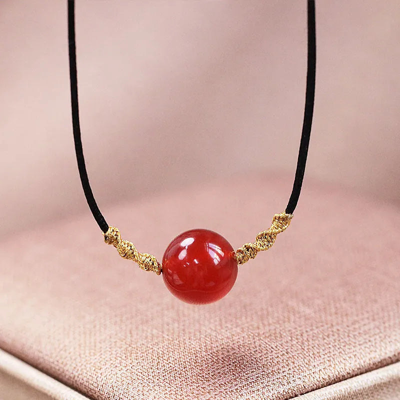 Hand-woven red agate bead bracelet and necklace set for women in national style.
