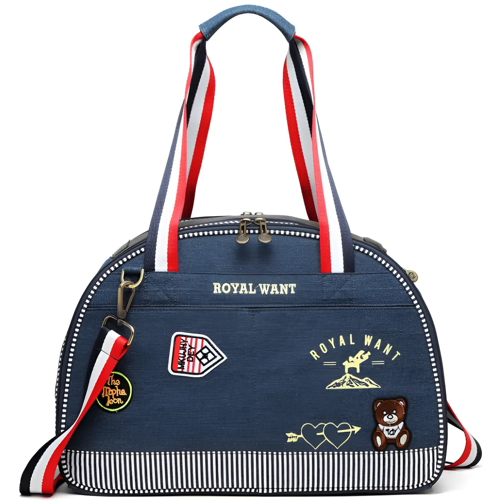 Blue denim pet diaper bag with cartoon patterns measuring 43cm by 20cm by 30cm