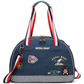 Blue denim pet diaper bag with cartoon patterns measuring 43cm by 20cm by 30cm
