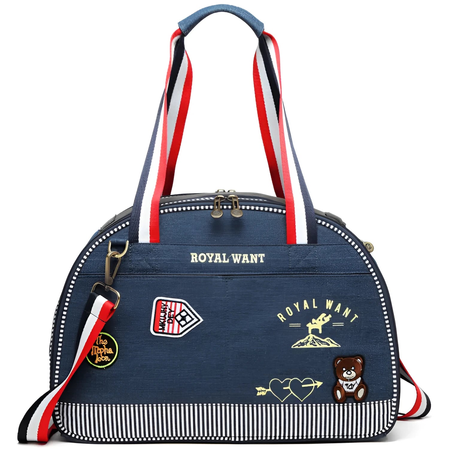 Blue denim pet diaper bag with cartoon patterns measuring 43cm by 20cm by 30cm