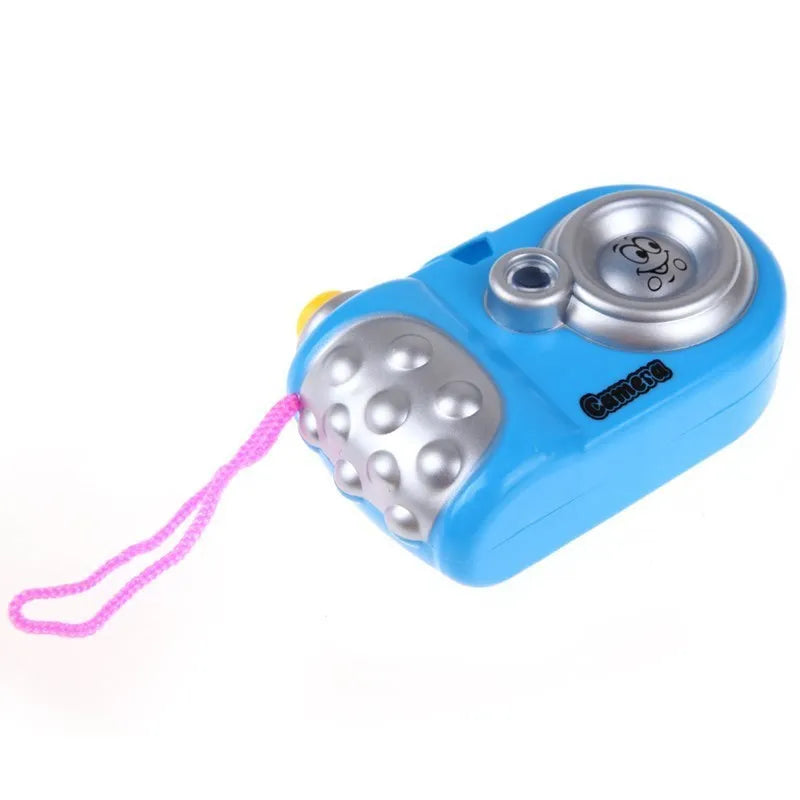 Blue or pink kids plastic projection camera toy with a sliding lens for animal image projection.