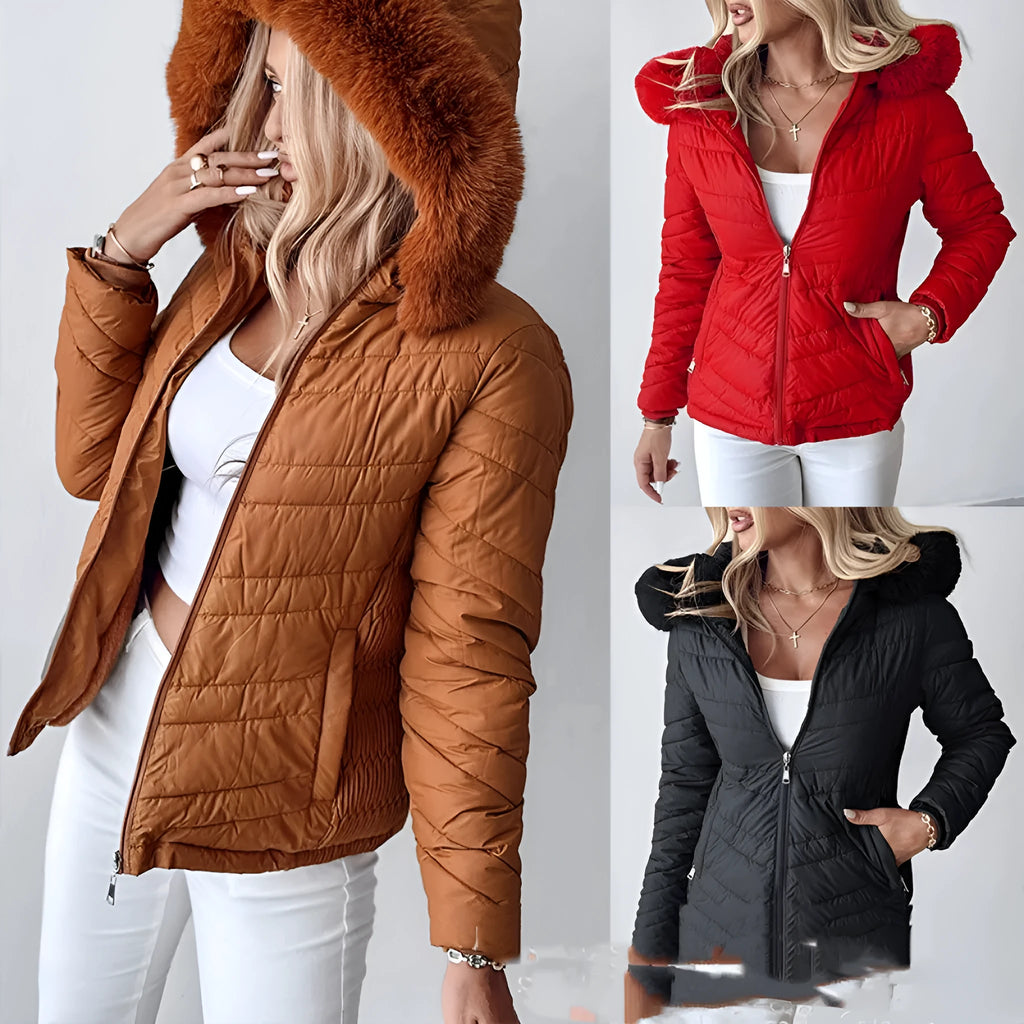 Cinched hoodie with fur collar short jacket in black polyester cotton, long sleeves, commuting style
