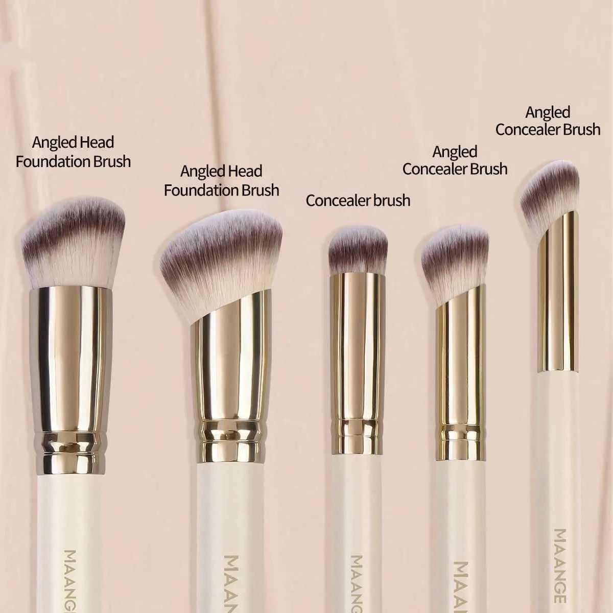 Apricot-coloured 5-piece kabuki makeup brush set with angled blusher brush