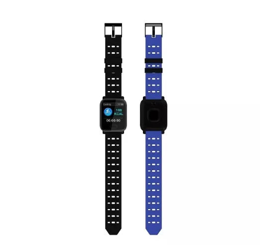 Blue A6 smart bracelet with colour screen on a wrist, showing heart rate data.