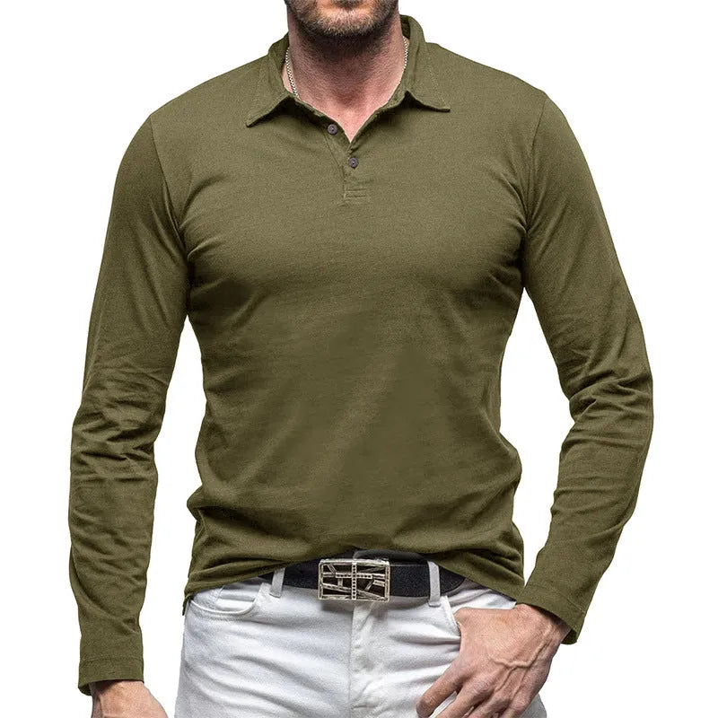 Men's dark grey cotton polo collar long sleeve t-shirt laid flat, showing American retro style.