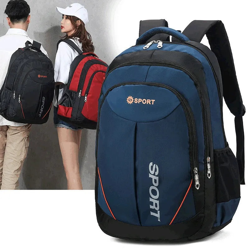 Large capacity nylon backpack in black with curved shoulder straps showing letter pattern design