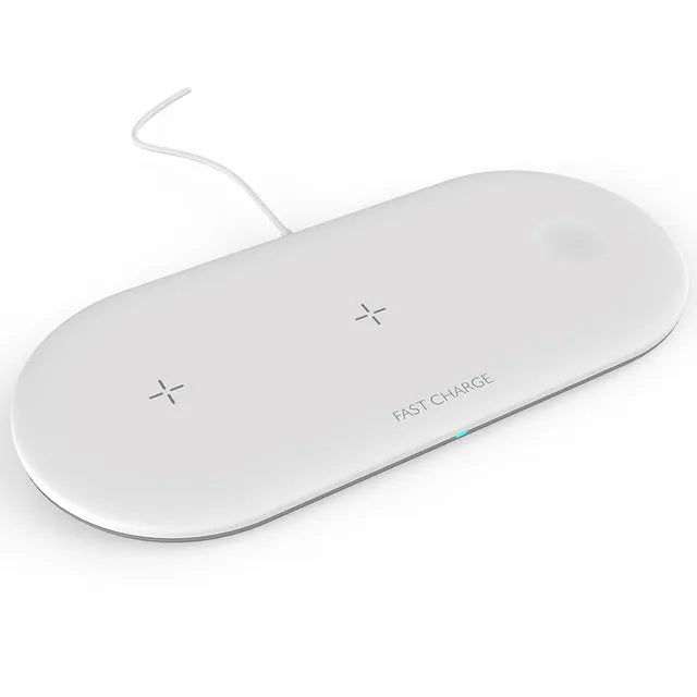 Black or white three-device wireless charging station for Apple-compatible phones, headphones and watches
