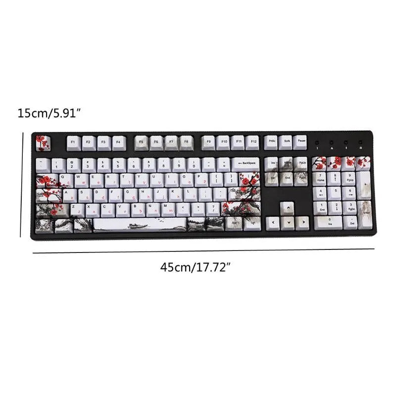 PBT Wangjiang Plum blossom theme keycap set for mechanical keyboards, showing five-sided sublimation printing.