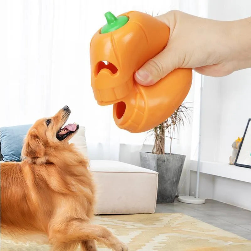 Yellow pumpkin-shaped TPR dog chew toy for aggressive chewers measuring 8.6 x 11.5 cm