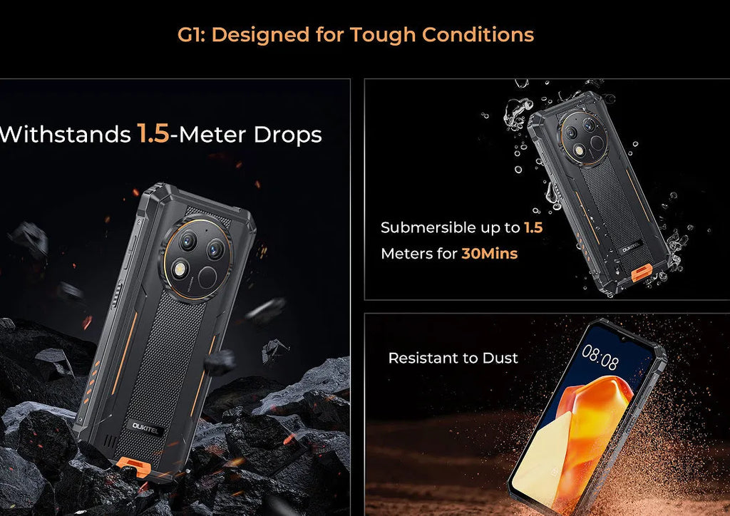 OUKITEL G1 mobile phone in green, grey, or orange colour with charger and manual