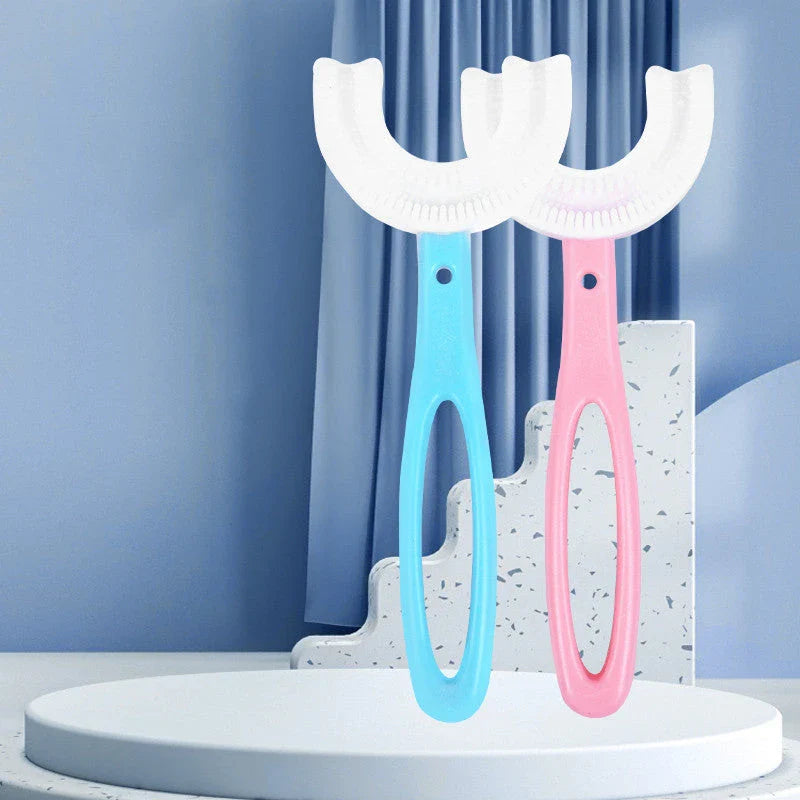 A colorful U-shaped soft rubber kids toothbrush with vibrant colors and a flexible design for effective and gentle dental care.