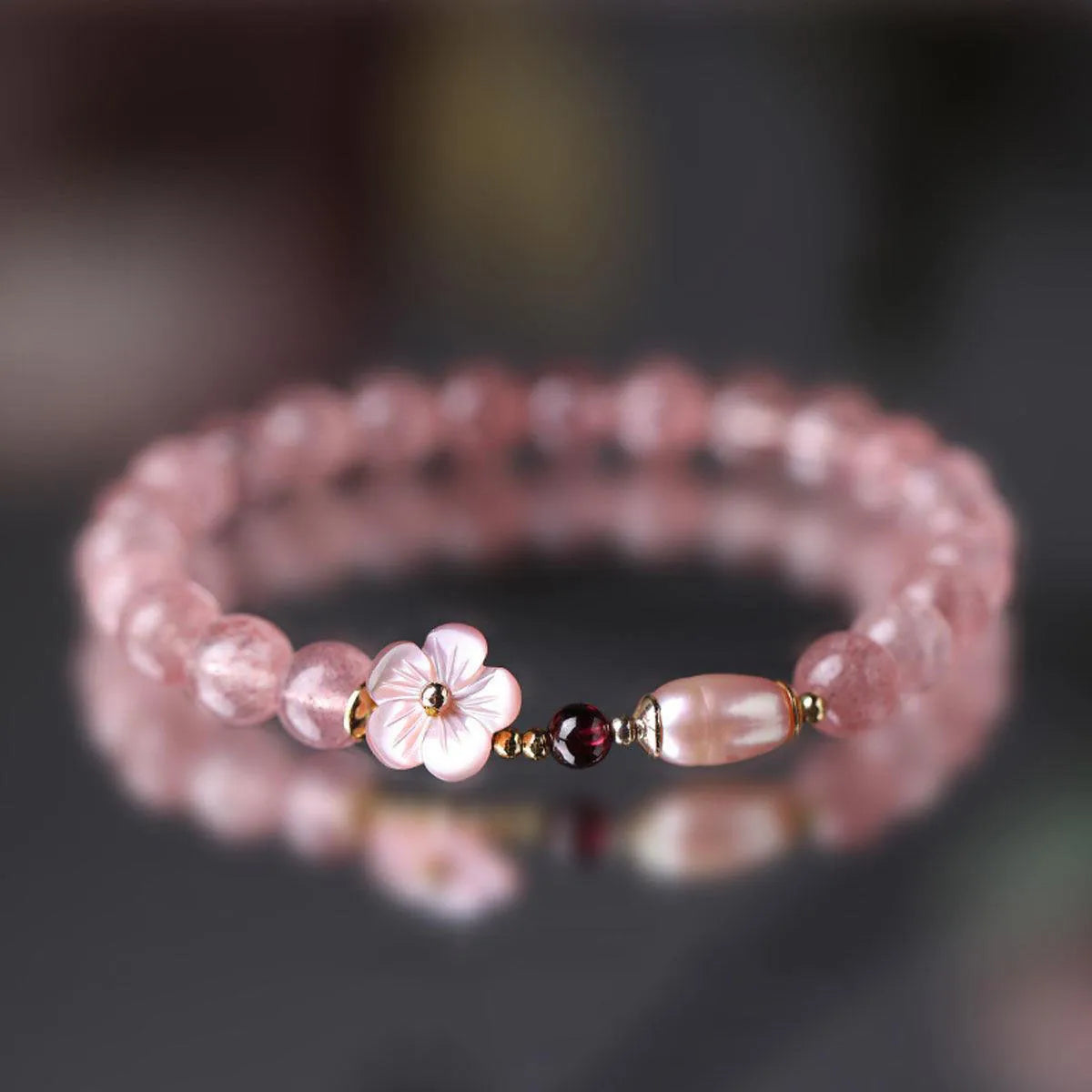 Crystal floral bracelet in strawberry quartz colour with adjustable design for women