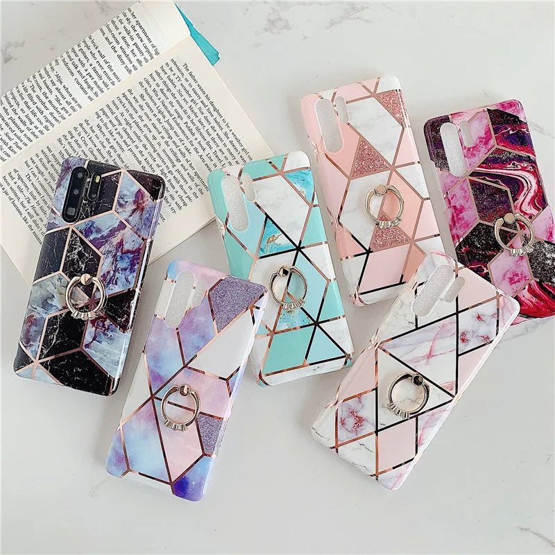 Electroplating mosaic marble ring phone case with grid pattern in TPU for Huawei smartphone