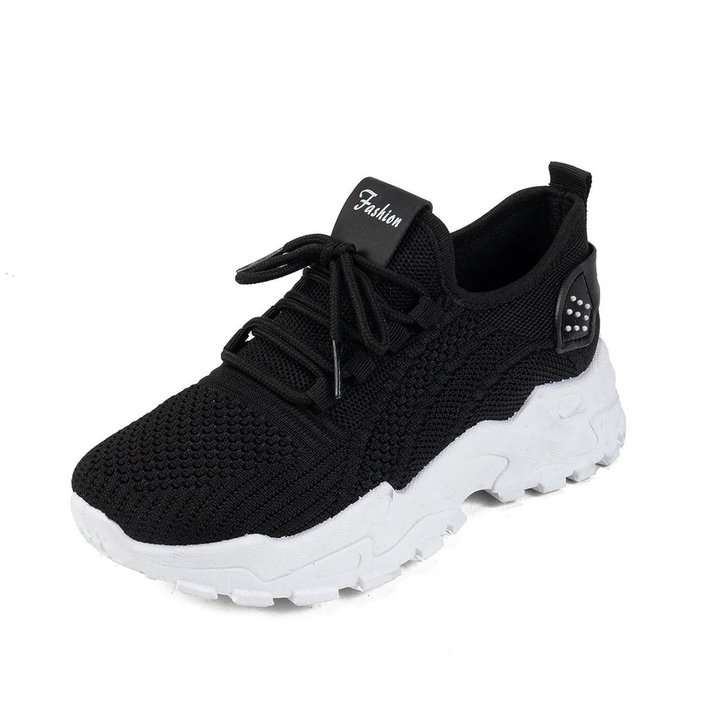 Women's Flyknit mesh casual sports shoes in multiple colours, showing lace-up design and flat sole.