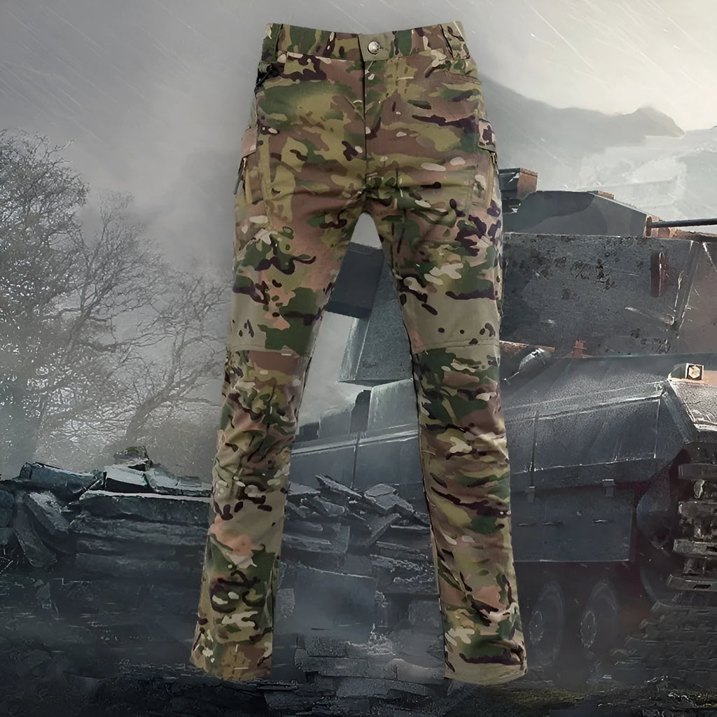 Men's khaki camouflage cargo trousers with straight leg and multiple pockets, cotton blend outdoor hiking trousers
