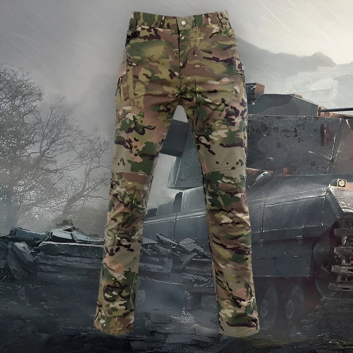 Men's khaki camouflage cargo trousers with straight leg and multiple pockets, cotton blend outdoor hiking trousers